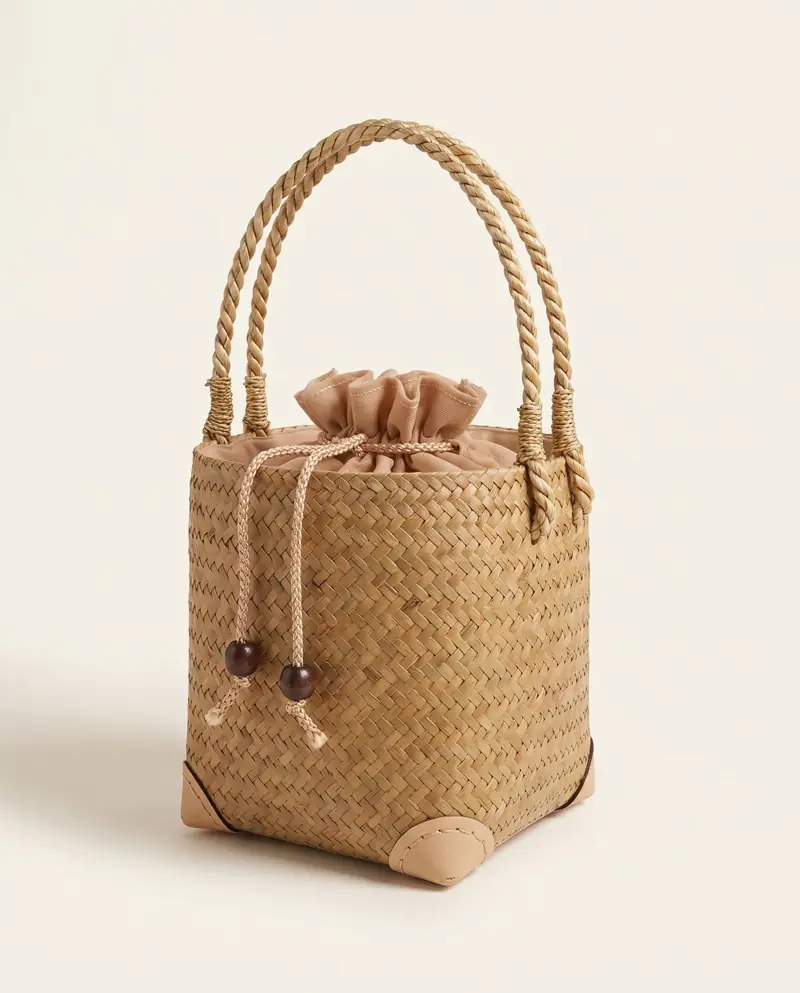 Krajood-Beuteltasche mit Kordelzug – Krajood-Beuteltasche natur mit Kordelzug und Holzperlen