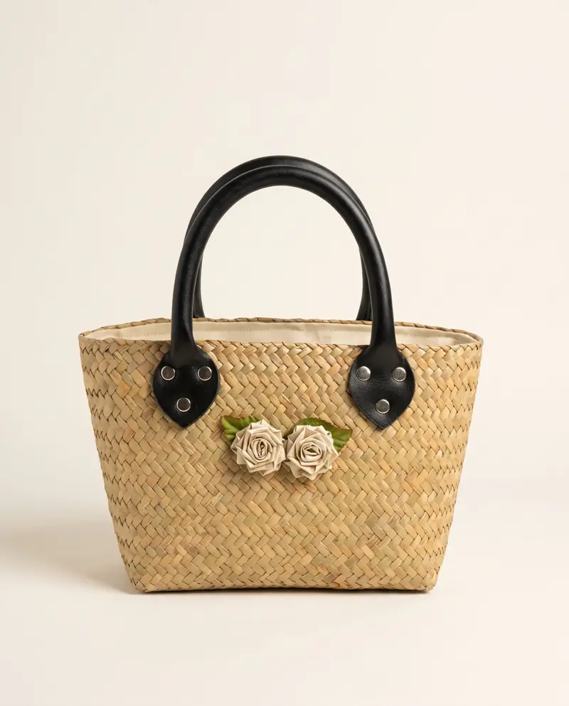Krajood-Henkeltasche mit Blütenapplikation – Krajood-Henkeltasche mit schwarzen Henkeln und Stoffblüten