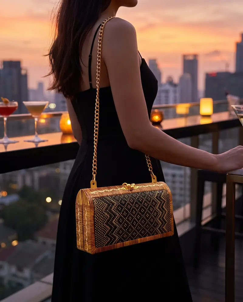 Yan-Lipao-Clutch mit Kette – Anwendung: Lipao-Clutch mit dunklem Zickzackmuster und goldener Kette